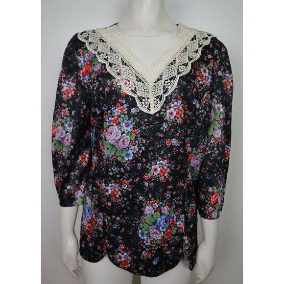 WOMEN'S VINTAGE FLORAL PRINT BLOUSE SHIRT - 1980s 80s - WHIRLAWAY FROCKS SIZE 12 - Picture 1 of 8